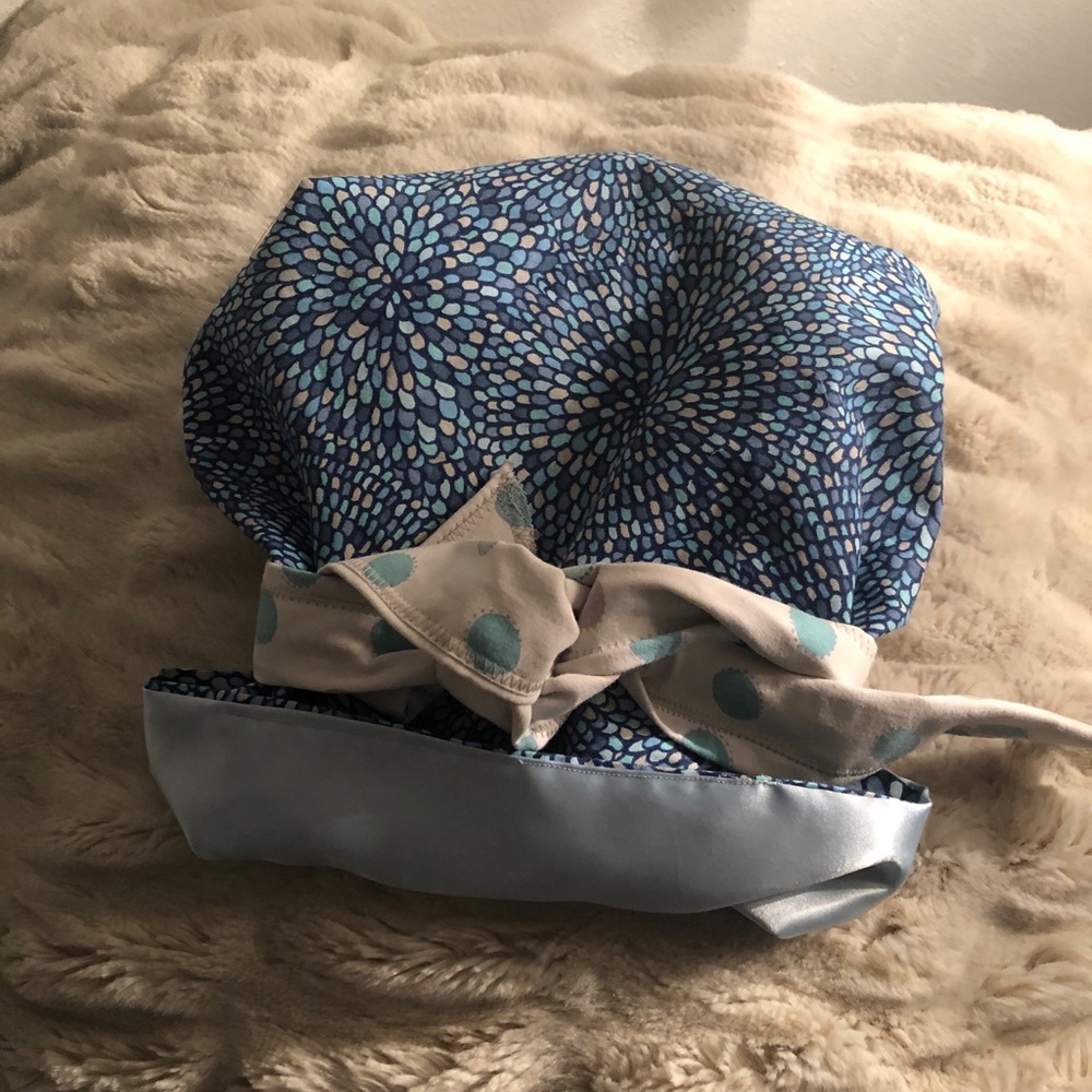 Blue mosaic satin lined scrub cap/sleep bonnet